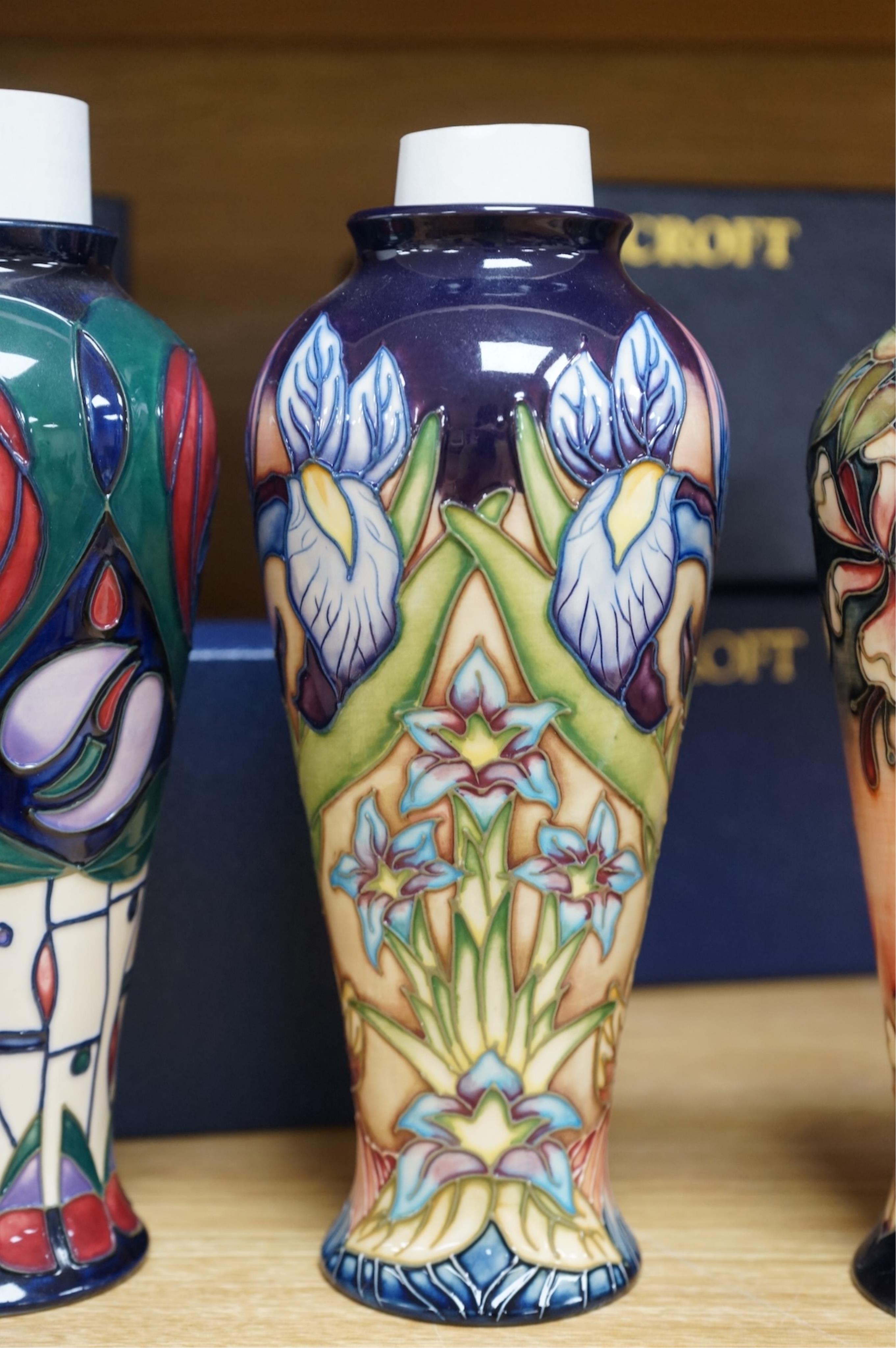 Five boxed Moorcroft vases - Geneva, Meadow Cranesbill, Cosmos, Oberon and Charles Rennie Macintosh patterns, 20.5cm